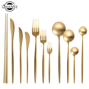 Gold Cutlery Set 304 Stainless Steel Cutlery Set Chopsticks Butter Knife Dessert Spoon Dinner Fork Tea Ice Spoon Tableware Set