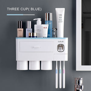 Bathroom Accessories Set Magnetic Adsorption Toothbrush Holder  Automatic Toothpaste Dispenser with Cup Wall Mount Storage Rack