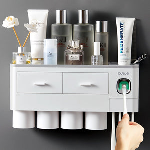 Bathroom Accessories Set Magnetic Adsorption Toothbrush Holder  Automatic Toothpaste Dispenser with Cup Wall Mount Storage Rack